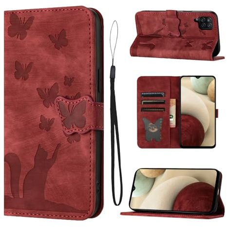 LSPCASA Custodia Per Samsung Galaxy A12 Materiale In Pelle PU Cover Samsung A12 Con Slot Per Schede Reticolo Della Farfalla Del Gatto Cover Samsung Galaxy A12 Rosso