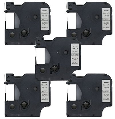 BROVACS Schriftband, kompatibel mit DYMO D1 45022, 12 mm, OPA2222x5, Schwarz auf Silber, 5 Stück