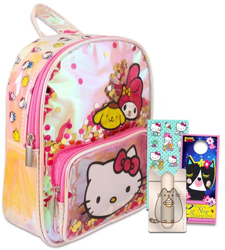 Hello Kitty Mini-Rucksack f r M dchen Paket mit Deluxe-25,4 cm schillerndem Hello Kitty Rucksack mit Fronttasche plus Aufklebern, mehr | Hello Kitty Rucksack f r Damen, Hello Kitty
