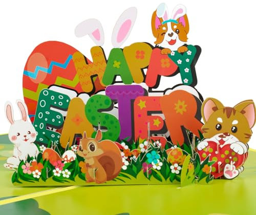 3D Pop-Up Osterkarte Frohe Ostern Grußkarte mit Niedlichem Corgi Katze Kaninchen Eichhörnchen Dekorierten Eiern Blumen und Frühlingsgarten Szene Religiöse Osterkarte für Kinder und Erwachsene