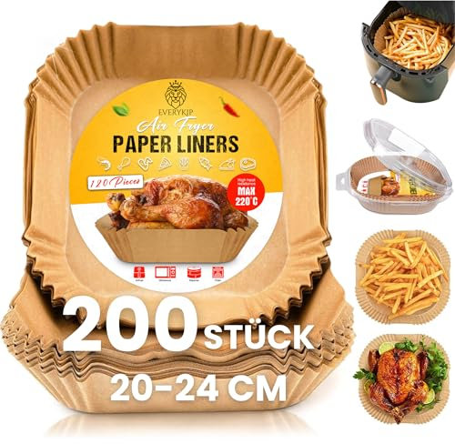 EveryKip Original® 200 Pezzi Carta Forno Per Friggitrice Ad Aria Quadrata, 20-24cm Contenitori Fogli Per Friggitrice Ad Aria, Antigrasso Antiaderente Fodera In Carta Per 5,0-7.0l Air Fryer