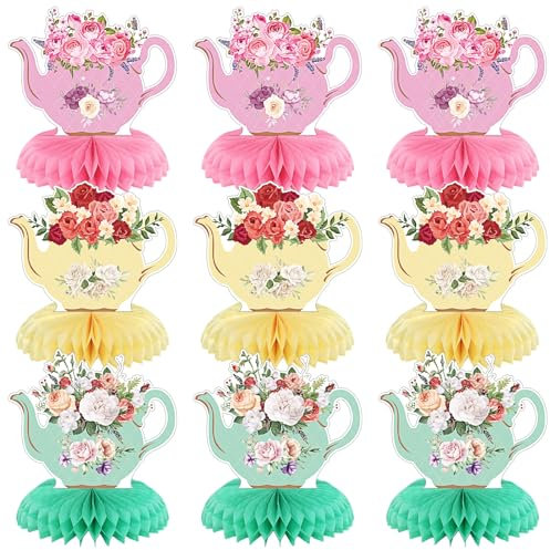 Jexine 9 Pcs Tea Party Centerpieces for Tables Princess Floral Teapot Honeycomb Decorations Tea Party Table Decor Teapot Decors for Summer Birthday Baby Shower Wedding Supplies (Classic Style)