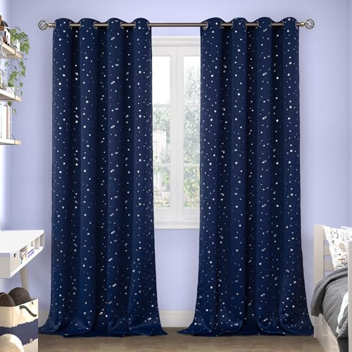BGment Kinder Verdunkelungsvorhänge für Schlafzimmer – Ösen wärmeisoliert, silberfarbener Sternendruck, Raumverdunkelungsvorhänge für Kinderzimmer, Set mit 2 Paneelen, 140 x 244 cm, Marineblau