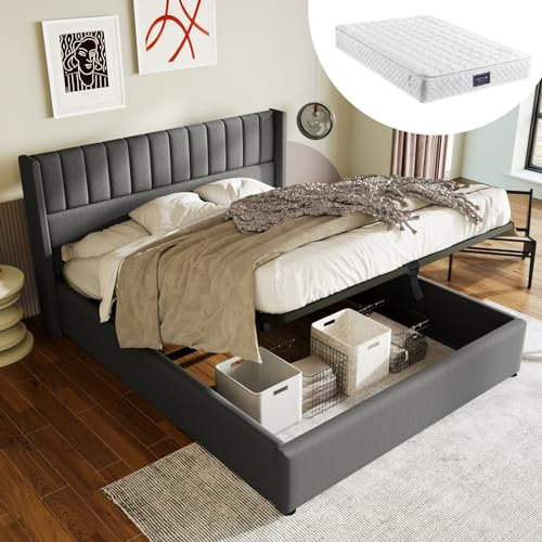 Skcess Stauraumbett Polsterbett Hydraulisch Doppelbett 140X200Cm, Lattenrost Aus Holz, Bett Mit Lattenrost Aus Metallrahmen, Leinen, Grau (Mit Matratze)
