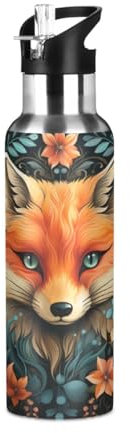Linnyio Renard Animal À Motif Floral Gourde Sport Étanche,Sans BPA,Bouteille D'Eau Isolée Thermos Sport Tasse À Vide en Acier Inoxydable,1000ml/600ml