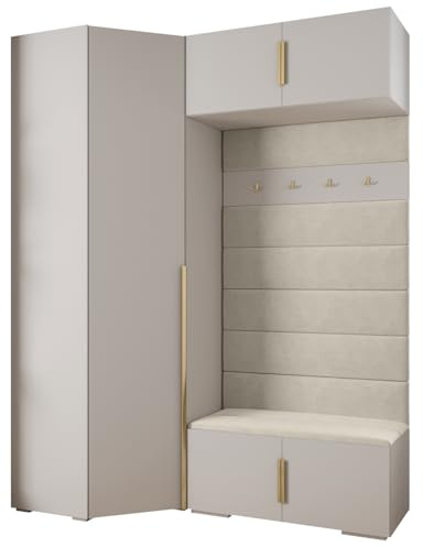 MEBLE KRYSPOL Inova 1 Möbelset - Moderne Garderobe - für Schlafzimmer, Wohnzimmer, Flur, Kinderzimmer - Ankleidemöbel - 236,7x181,7x47cm - Weiß, Paneele Manila 02, Handgriff Gold