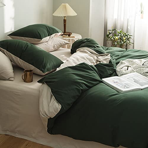Lanqinglv Bettwäsche 135x200 4teilig Grün Beige Wendebettwäsche Set aus Mikrofaser,Einfarbig Bettbezug Deckenbezug 135x200cm mit Reißverschluss und 2 Kissenbezug 80x80cm,Oeko-Tex Zertifiziert