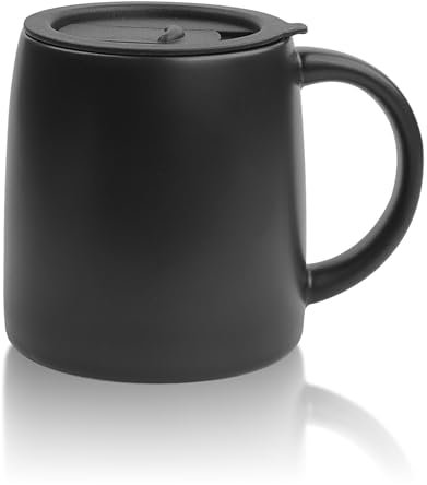 LINVIA Classic Mug, 14 oz Large Coffee Mug with Handle, Ceramic Porcelain Tea Cup, Smooth Matte (Sliding Lid, Black)