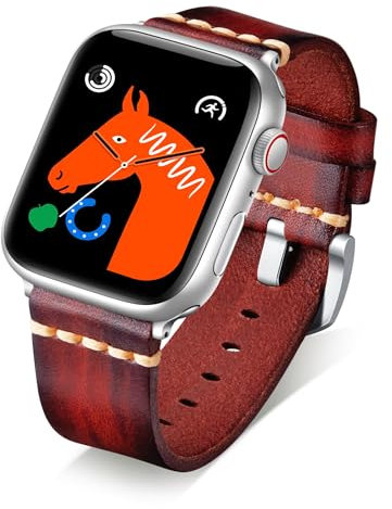 BINLUN Leather Strap Compatible with Apple Watch 38mm 40mm 41mm 42mm 44mm 45mm 46mm 49mm Handmade Retro Band Compatible with iWatch Series 10 9 8 7 6 5 4 3 2 1 SE SE2 Ultra Ultra2, 20mm, Red