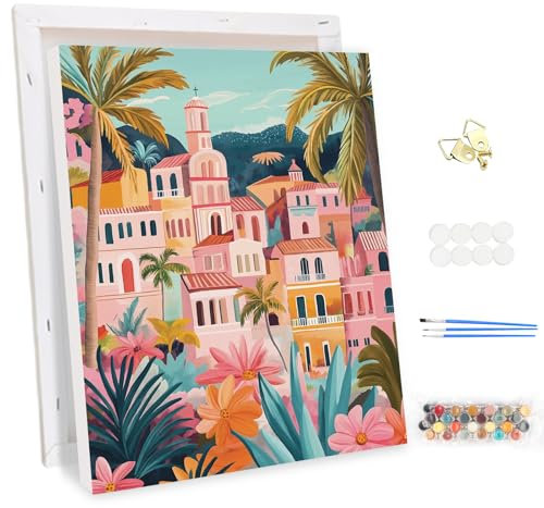 MEIYUDA Peinture par Numero Adulte Ville Dynamique, DIY Acrylique sur Toile 30x40cm, Kit Inclus: Toile, Cadre, Pinceaux, Peintures, Image, Velcro, Crochets, Pour Adultes, Non Pliante