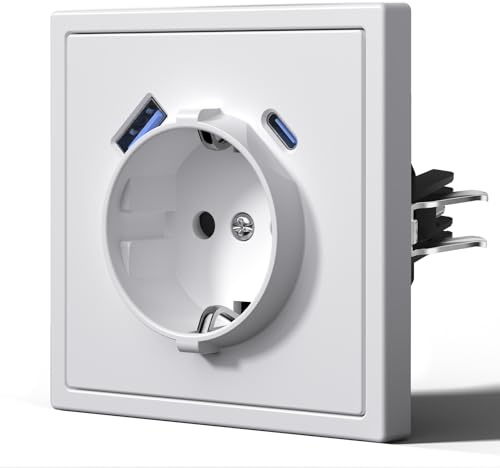 BSEED Enchufe con 20W USB C Carga Rapida,Enchufe de Pared con Garfio,Mate Enchufes Empotrable,Fácil Instalación,C-Series,1 Enchufe con 20W USB y Tipo C,80mm Blanco