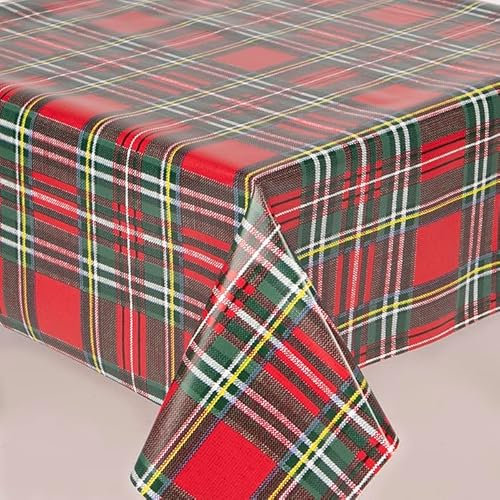 Red Green Black Highland Tartan Striped PVC Table cloth Plain Tweed Plaid Check Effect PVC Plastic Oil Vinyl Wipe Clean Party Table Cloth Protector (220cm x 140cm Rectangle 87 x 54 inches)