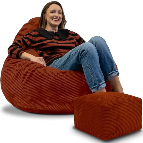 DreamRoots Sitzsack Erwachsene Cord oder Kinder - Bean Bag Sofa - Sitzsack Cord mit Hocker und Bezug - Sitzsäcke mit Füllung 90x90x100 cm Indian Tan