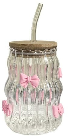 BestAlice Glass Cups with Lids and Straws, Vintage Ribbed Glassware with Bows or Rose, Bow Rose Glass Tumbler, Glasses Drinking Set for Iced Coffee Juice Beverage Milk (Bow tie)