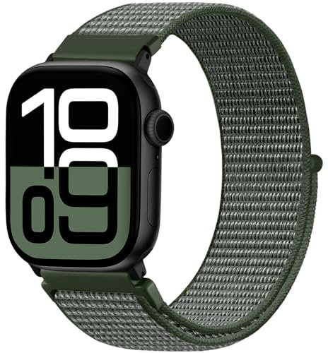 Faliogo Nylon Armband Kompatibel mit Apple Watch Armband 44mm 45mm 46mm 42mm(Series 3/2/1) 49mm, Verstellbare Solo Loop Sportarmband für iWatch Series 10 9 8 7 6 5 4 3 2 1 SE Ultra, Grün