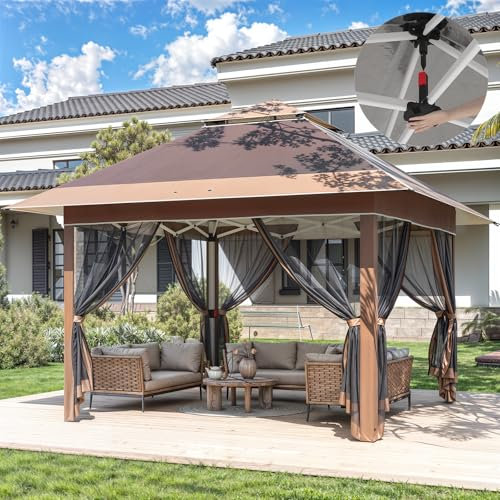 Devoko Pavillon 3.28x3.28 Wasserdicht Stabil Pop up Pavillon, Höhenverstellbar Faltpavillon mit Moskitonetz, Gartenpavillon mit Tragetasche Auf Rädern, Gartenzelt für Hinterhof,Rasen,Gazebo Braun