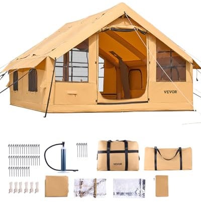 VEVOR Aufblasbares Zelt für Camping, 5-8 Personen Zelt mit Handpumpe, 4x3x2,2 m Glamping-Zelt mit 2 Oberlichtern, Baldachin, Ofenanschluss, 2 Türen, Netzfenstern & Aufbewahrungstasche