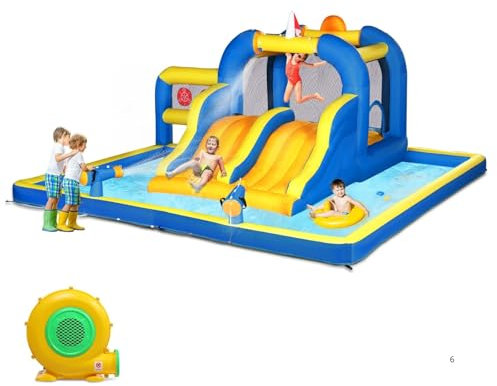 LALAHO Hüpfburg Kinder mit Gebläse, Aufblasbarer Wasserpark mit Trampolin, Doppelrutsche, Schwimmbecken, Basketballkorb, Geeignet für 3 Kinder im Alter von 3 bis 10 Jahren, 470x472x225 cm