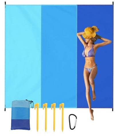 Coperta da spiaggia, tappetino da spiaggia anti sabbia, tappetino da spiaggia 210 x 200 cm, tappetino impermeabile con 4 angoli di fissaggio, per spiaggia, viaggi, nuoto, campeggio, vacanze, parco