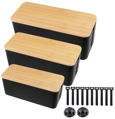 FUNSUEI 3 Stück 3 Größe Kabelmanagement Box Set mit Bambusdeckel, Schwarz Kabel Boxen mit Verdrahtungsausrüstung und Leitungsmanagementgürtel, Kabel Organizer Box für Zuhause und Büro
