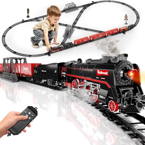 Pupu Pig Model Train Set, Remote Control Train Toys with 3Way Smoke Locomotive, 5 Train Cars, Luxury Track Kit, Authentic Train Sounds & Lights, Rechargeable Battery, Top Present for Train Lovers