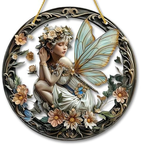 Bemalte Blumen Fee Gebeizt Sonnenfänger, Fantastischer Blumenfee Acryl Hängedeko Fenster Wandkunst, Gemalt Bunte Kunst Kunsthandwerk Fensterdeko für Garten Haus Outdoor, Geschenk für Frauen