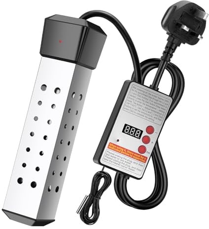 WADEO Portable Water Heater, [2500W] [Digital Display Thermostat] Safety Auto Cut-Out Design, Immersion Electric Water Heater for Bucket, Bathtub, Small Pool - Stainless Steel, UK Plug