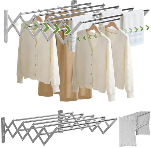 FREEAMG Wäscheständer Wandmontage, Klappbarer Wand-Wäschetrockner(Silber) | Edelstahl Wandtrockner, Ausziehbarer Handtuchhalter für den Innen & Außenbereich Geeignet