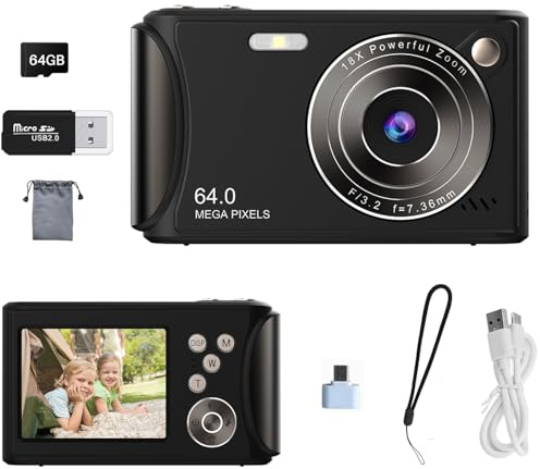 Digital Camera for Kids Teen Students Beginner, 1080P FHD 64MP with 2.4 LCD Screen,18X Digital Zoom, Compact Portable Vlogging Camera with 64gb SD Card and Type-C OTG Adapter (Black)