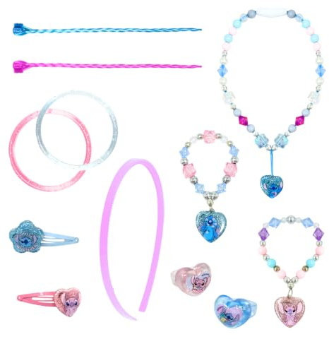 Disney Stitch Beauty Set, Inklusive aus 2 Ringen, 4 Armbändern, Halskette, 2 Haarspangen, 2 Haarverlängerungen und Haarband, Schönheitsset Geschenk für Mädchen