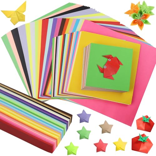 940 Blatt Origami Papier Set, 20 Farben Faltpapier in 10 cm / 15 cm / 20 cm, Doppelseitig 70 g/m² mit Origami-Sterne Papierstreifen, Bastelpapier für Haus, Schule, Kunstprojekte und DIY