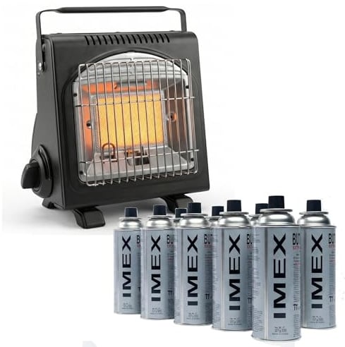 IMEX Gasheizung Camping – 1,7 kW Mobile Zeltheizung mit ODS Sauerstoffmangel-Sicherung & Umkippschutz – Keramik Heizstrahler für Outdoor, Angeln & Notfall (Gasheizung mit 8 Gaskartuschen)