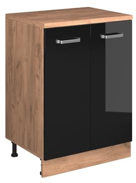 Vicco Erweiterungsschrank Rion, Schwarz Hochglanz/Goldkraft Eiche, 60 x 46 cm ohne Schräge mit 2 Türen, kombinierbar mit Rion Dachschrägenschränken und Schrankmodulen