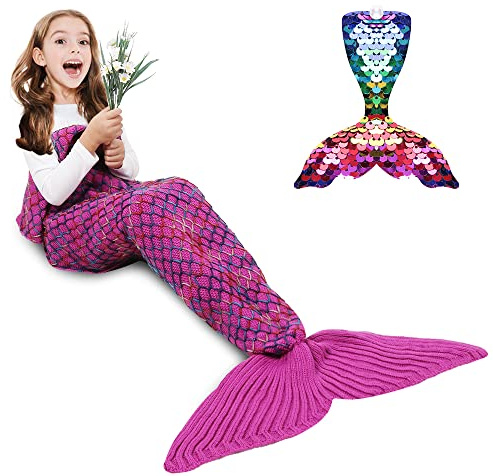 AmyHomie Mermaid Tail Blanket, Soft Crochet Sleep Bag for Girls