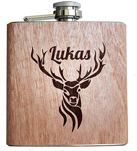 Hirsch Flachmann mit Gravur personalisiert! Männer Geschenk für Jäger. Holz Flachmann personalisierbar mit Hirschmotiv.