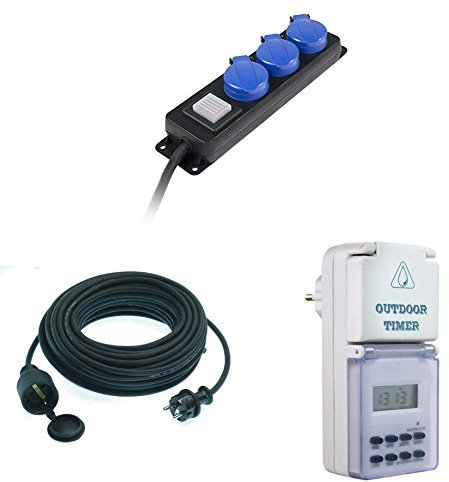 Outdoor Stromversorgung Bundle, 3-fach Verteilersteckdose, 5m Verlängerungskabel und Zeitschaltuhr digital