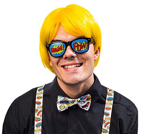 NET TOYS Auffälliges Accessoire-Set Pop Art mit Brille, Fliege & Hosenträger | Einheitsgröße | Knalliges Unisex-Kostüm-Zubehör Comic Strip | Bestens geeignet für Mottoparty & Fastnacht