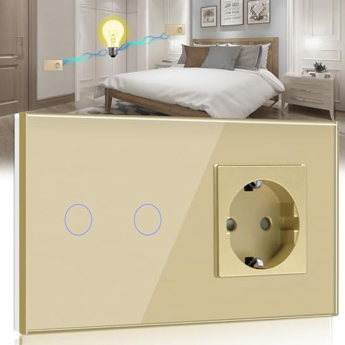 BSEED Interruptor con Enchufe,2 Gang 2 Vías interruptor tactil pared+16A 250V Enchufe de pared,Panel de cristal Interruptor conmutador de superficie,Schuko Enchufe Oro