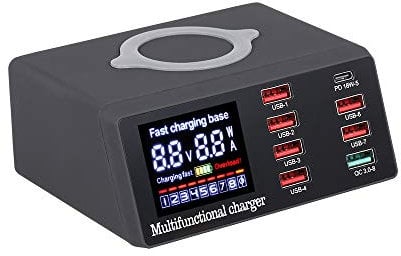 Fesjoy Chargeur USB sans Fil X9 8 Ports Charge Rapide PD + QC3.0 + Station de Charge de Port USB avec Affichage LED Compatible with téléphone/Ordinateur Portable/Tablette Prise UE