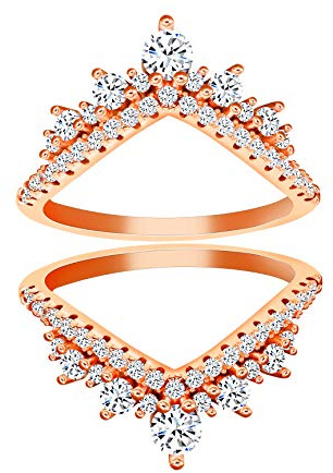 Uloveido Rose Gold Finish Round Cubic Zirconia Ladies Anniversary Wedding Band Enhancer Guard Double Chevron Ring 925 Silver (size Q)