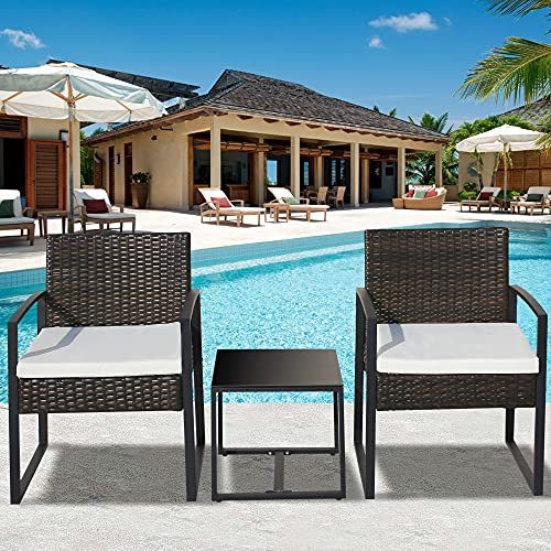 Topchances Gartenmöbel-Set, 3-teilig, Rattan-Sofa mit 2 Sesseln und 1 Tisch, für drinnen und draußen, Terrasse, Balkon, Garten, 3 Stück (braun)