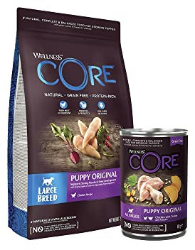 Wellness CORE Puppy Starter Pack, Probierpaket mit Welpenfutter trocken & nass für großer Rassen, getreidefrei, hoher Fleischanteil, Pute & Huhn