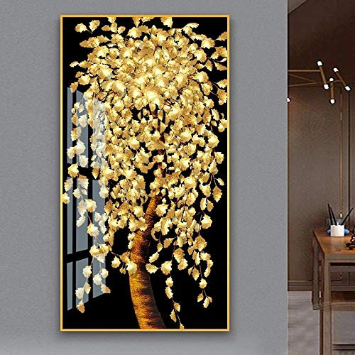 Goldener Baum Kunst Leinwand Malerei Geldbaum Poster und Drucke Wandkunst Bilder für Wohnzimmer Dekoration 80x165cm (32x65in) Mit Rahmen