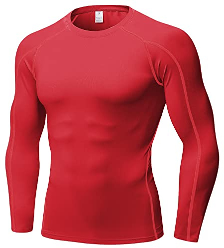SPVISE Men's Compression Shirt Long Sleeve Athletic Workout T-Shirts Top Active Sport Baselayer Undershirt Gear Shirt Dry Fit, Crewneck-red, S