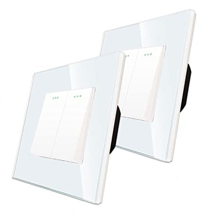 2 paquetes CNBINGO Cambio de Botón Rocker Interruptores con puntos de tela fluorescentes, panel de pared Blanco de cristal moderno, interruptor de doble, interruptor de 2 bandas de 2 vía, 10A 250V