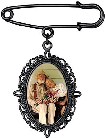 Custom4U Personalisierte Oval Foto-Brosche mit Bildgravur Memorial Brautstrauß Fotoanhänger mit Bild Edelstahl DIY Broschen Anstecker Schwarz Erinnerungsschmuck Geschenke