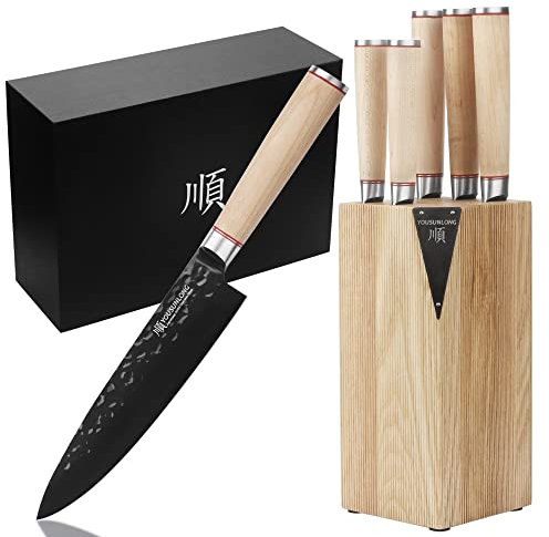 YOUSUNLONG Messerblock-Sets – 5-teiliges Messerset – japanischer AUS8-Stahl, schwarzes Titan – Messerhalter aus natürlichem Fraxinus-Americana-Holz – Griff aus kanadischem Ahornholz – Küchenmesser-Set