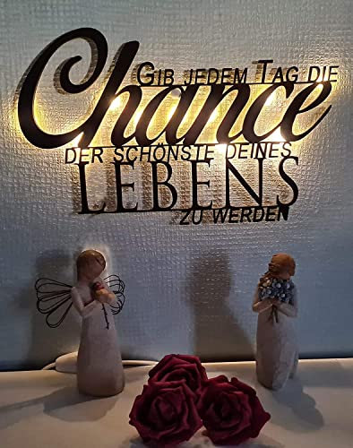 kh Teile Wanddeko Holz Spruch Gib jedem Tag die Chance... (mit Led Licht) Wandbild Wand Deko Dekoration Tür Türdeko Fensterdeko Modern Holzdeko Geschenk Wandspruch Zitat 50 cm, Schwarz