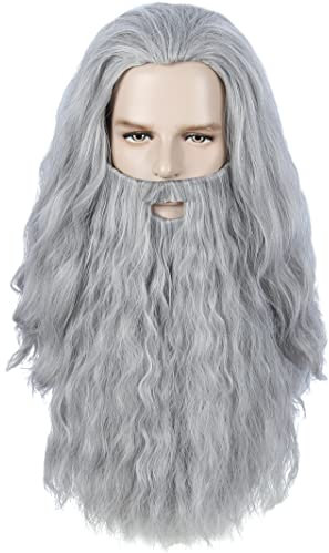 Linfairy Perücke und Bart lange Cosplay Perückens Kostümzubehör für Herren (Dark Silver)
