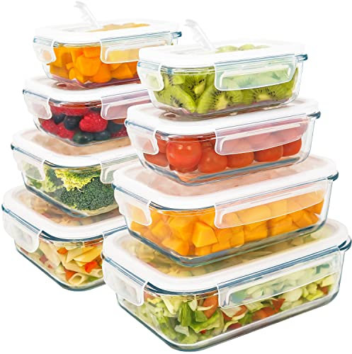LG Luxury & Grace Pack 8 Fiambrera de Cristal. Mix (1,5+1+0,6+0,36L). Recipiente con Cierre Hermético y Válvula de Vapor. Envases Contenedores Aptos para Microondas, Horno y Lavavajillas. Sin BPA.